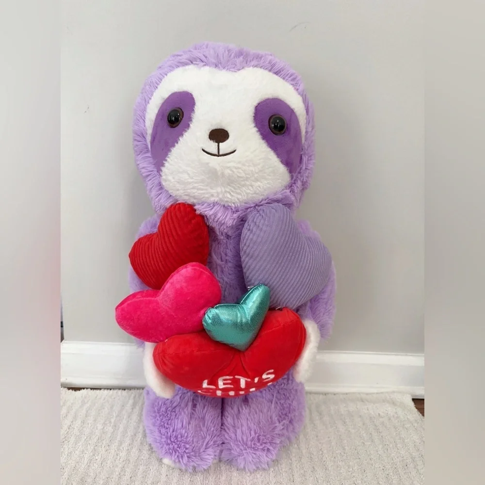 NWOT Purple Sloth Plush Decor with Colorful Hearts